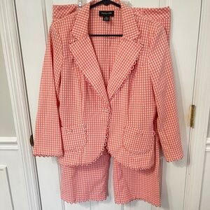 Focus 2000 Size 10/12 Gingham Coral Orange  Blazer & Crop Pants Suit Set